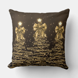 Elegant Christmas Sparkling Trees Gold Faux Bow Cushion