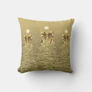 Elegant Christmas Sparkling Trees Gold Faux Bow Cushion