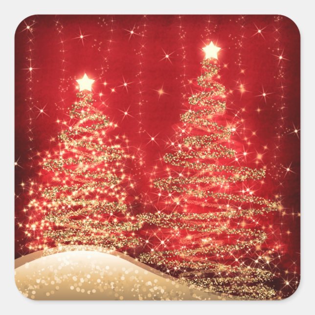 Elegant Christmas Sparkling Trees Red  Square Sticker (Front)