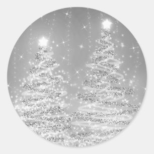 Elegant Christmas Sparkling Trees Silver Classic Round Sticker
