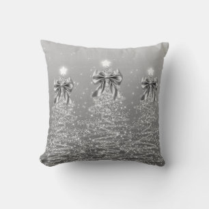 Elegant Christmas Sparkling Trees Silver Faux Bow Cushion