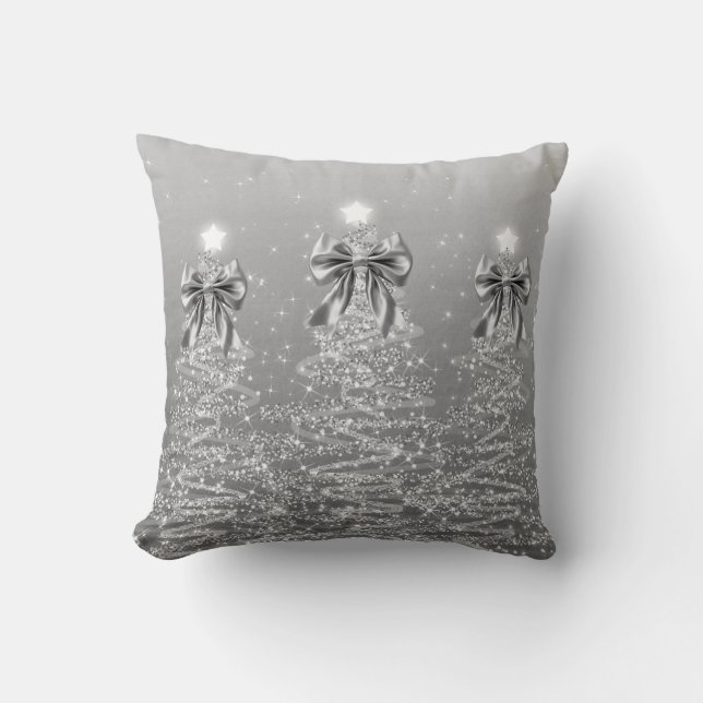 Elegant Christmas Sparkling Trees Silver Faux Bow Cushion (Front)