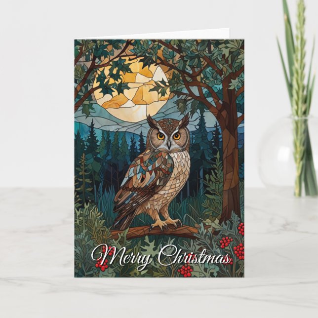 Elegant Christmas stain glass owl woodland forest Card (Front)
