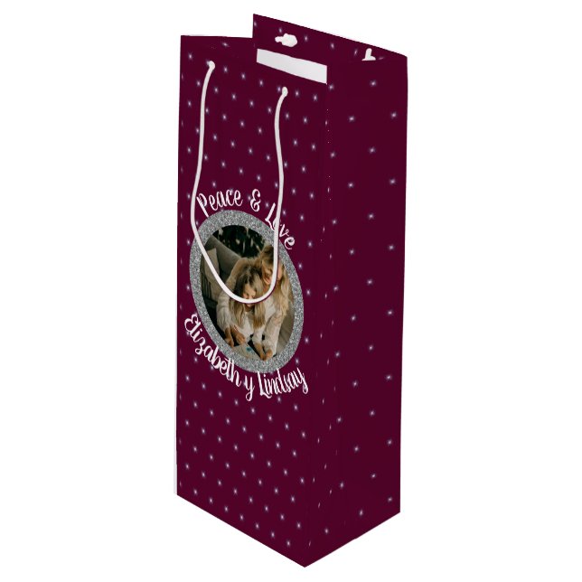 Elegant Christmas Stars Photo & Name Dark Wine Wine Gift Bag (Front Angled)