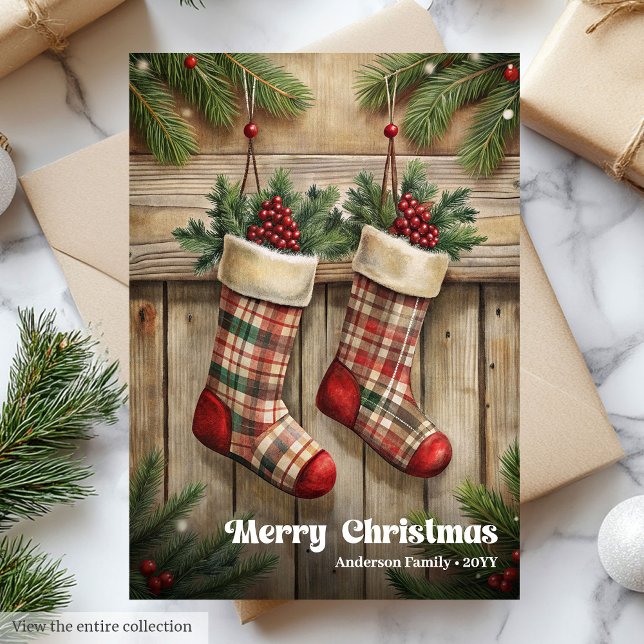 Elegant Christmas stocking rustic holly berries Holiday Card (Elegant Christmas stocking rustic holly berries Holiday Card)