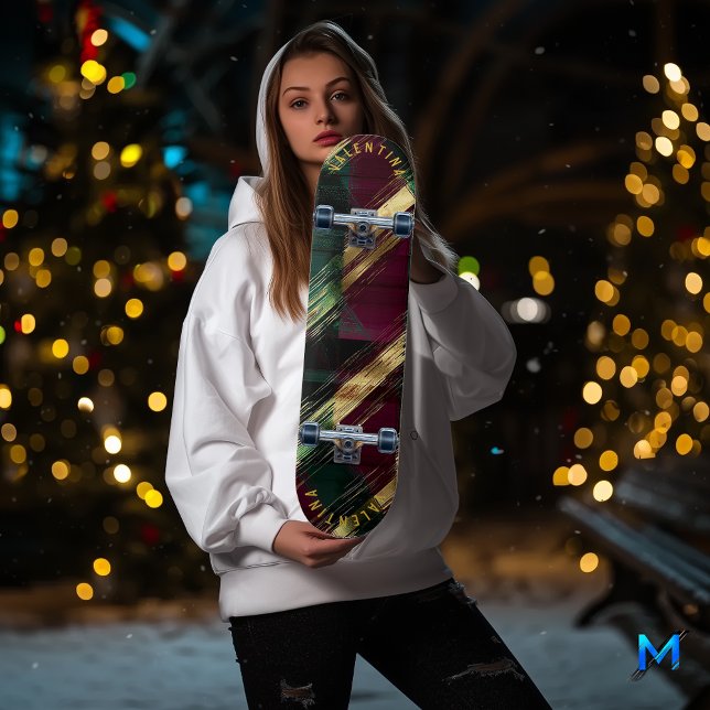 Elegant Christmas Tartan in Gold and Burgundy Skateboard (Creator Uploaded)
