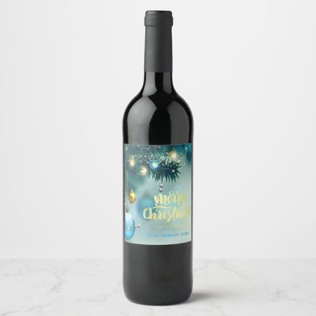 Elegant Christmas Tree,Balls,Stars  Wine Label (Front)