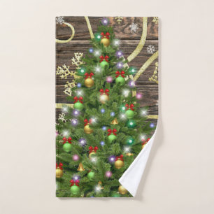 Elegant Christmas Tree Barn Wood Gold Design Hand Towel