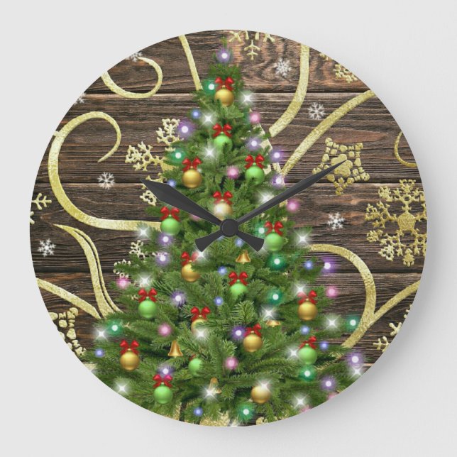 Elegant Christmas Tree Barn Wood Gold Design Large Clock (Front)