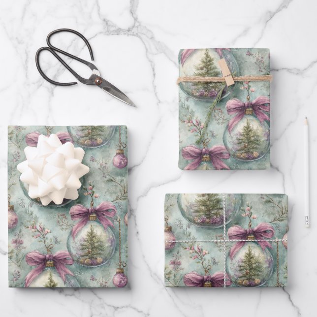 Elegant Christmas Tree & Bauble Watercolor Gift Wrapping Paper Sheet (Front)