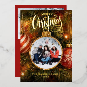 Elegant Christmas Tree Baubles 2 Photo Foil Holiday Card