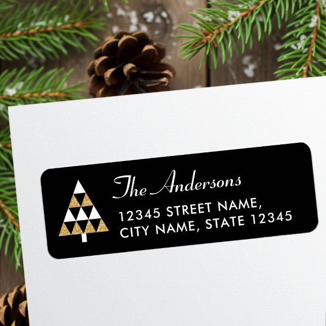 Elegant Christmas Tree Black Gold Return Address (Creator Uploaded)