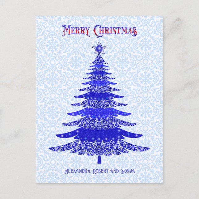 Elegant Christmas Tree Blue Personalised Holiday Postcard (Front)