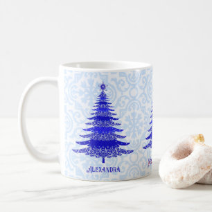 Elegant Christmas Tree Blue Personalized Snowflake Coffee Mug