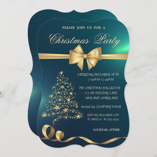 Elegant Christmas Tree,Bow,Green Christmas Party Invitation (Front/Back)