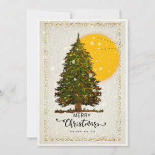 Elegant Christmas Tree Card with Golden Sun Backgr