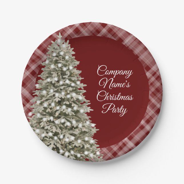 Elegant Christmas Tree Dark Red Plaid Party Paper Plate (Front)