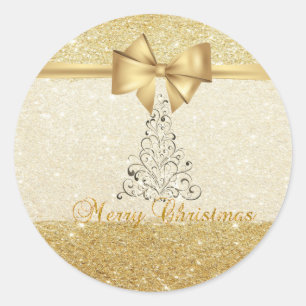 Elegant Christmas tree,Faux Gold Bow,Glittery Classic Round Sticker