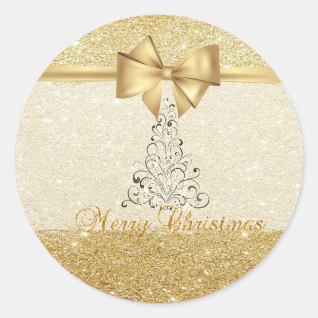 Elegant Christmas tree,Faux Gold Bow,Glittery Classic Round Sticker (Front)