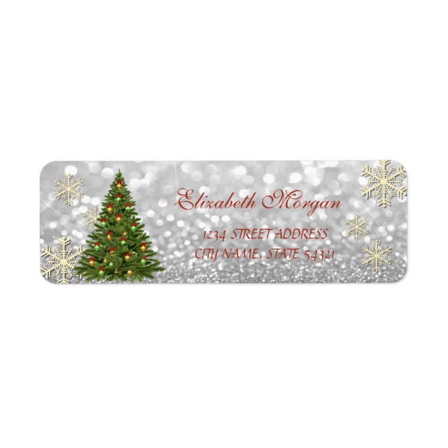 Elegant Christmas Tree  Glittery Snowflakes Label (Front)