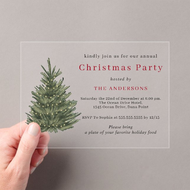 Elegant Christmas tree gold Christmas party Acrylic Invitations (Insitu (Handheld))