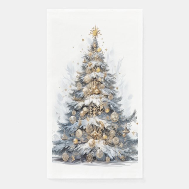  Elegant Christmas Tree Gold Ornaments Snow Napkin (Front)