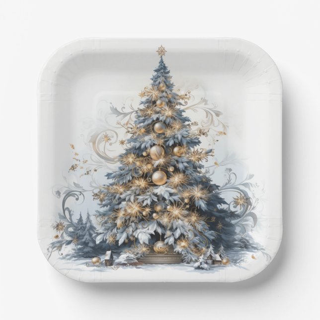  Elegant Christmas Tree Gold Ornaments Snow Paper Plate (Front)