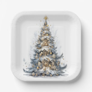 Elegant Christmas Tree Gold Ornaments Snow Paper Plate
