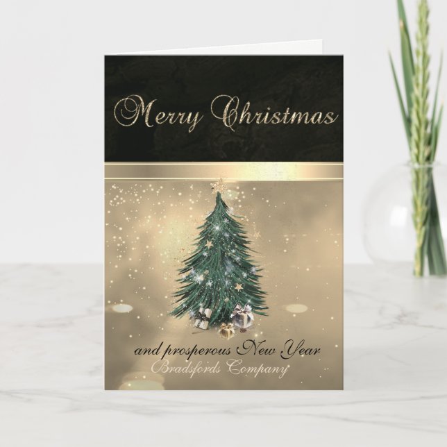 Elegant Christmas  Tree Gold Stars Corporate Holiday Card (Front)