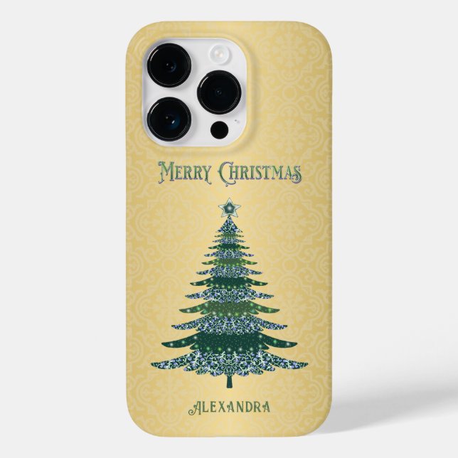 Elegant Christmas Tree Green Gold Name Custom Case-Mate iPhone Case (Back)