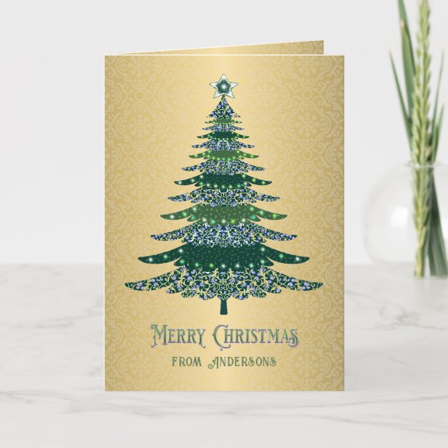 Elegant Christmas Tree Green Gold Name Custom Holiday Card (Front)