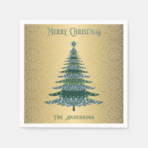 Elegant Christmas Tree Green Gold Name Custom Napkin