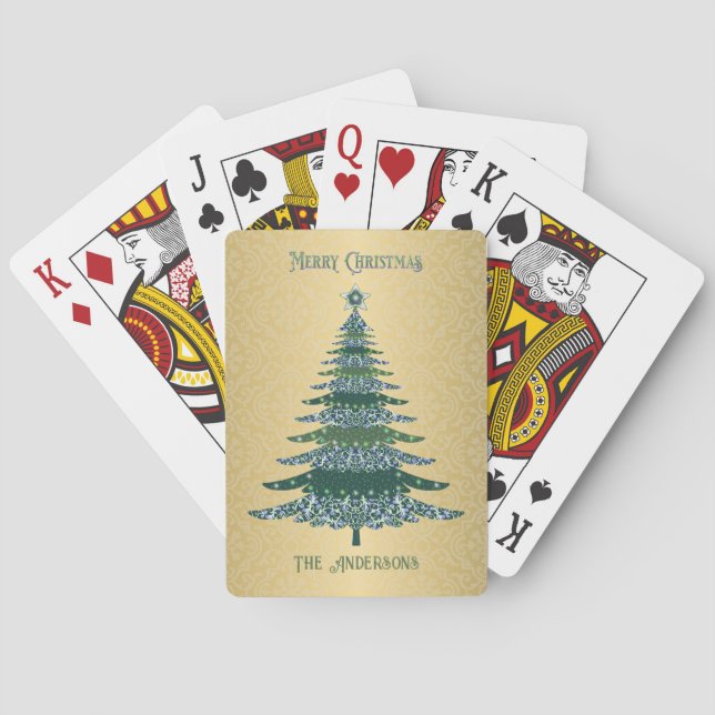 Elegant Christmas Tree Green Gold Name Ornaments Playing Cards (Back)