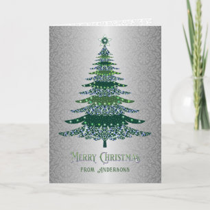 Elegant Christmas Tree Green Silver Name Custom Holiday Card