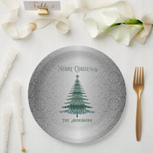 Elegant Christmas Tree Green Silver Name Ornaments Paper Plate