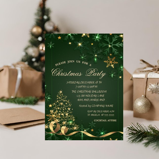 Elegant Christmas Tree Green Snowflakes Christmas  Invitation (Creator Uploaded)