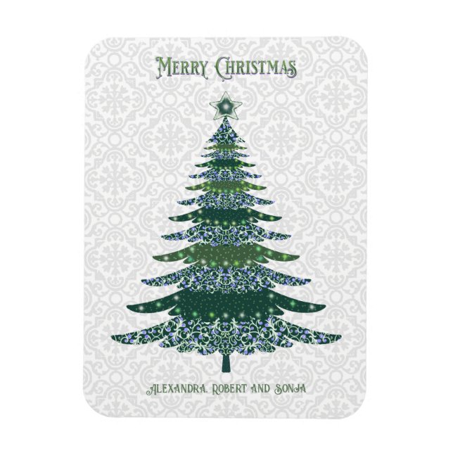 Elegant Christmas Tree Green White Personalised Magnet (Vertical)