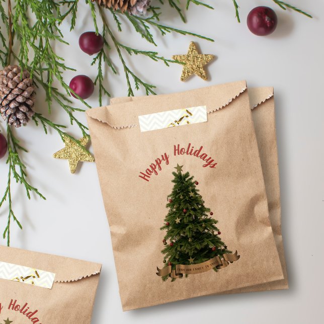 Elegant Christmas Tree Happy Holidays Festive Favour Bags (Happy Holidays! An elegant decorated Christmas tree on these kraft favor bags just for you)
