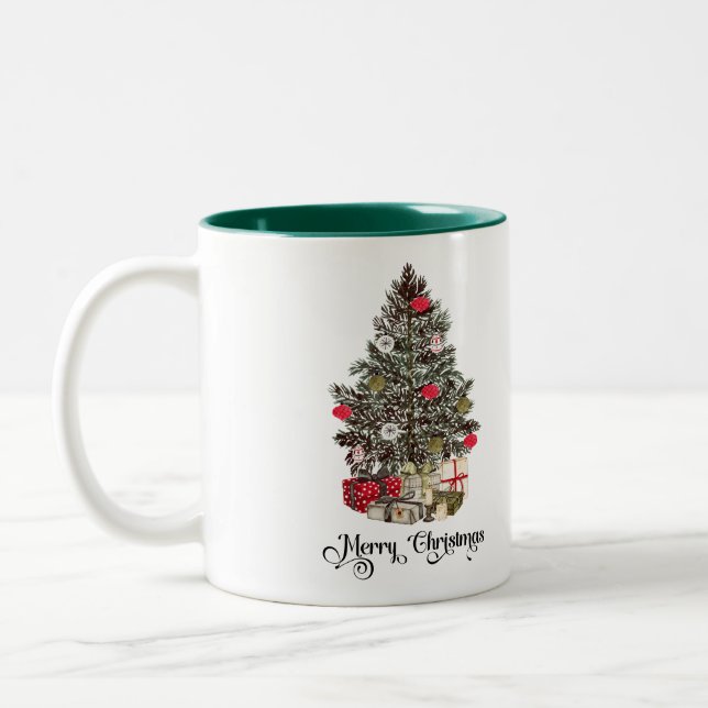 Elegant Christmas Tree Holiday Two-Tone Coffee Mug (Left)