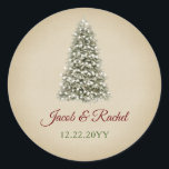 Elegant Christmas Tree Kraft Paper Wedding Classic Round Sticker<br><div class="desc">This elegant design features a snowy Christmas tree with lights. Click the customise button for more flexibility in modifying the text and the graphics! Variations of this design as well as coordinating products are available in our shop, zazzle.com/store/doodlelulu. Contact us if you need this design applied to a specific product...</div>