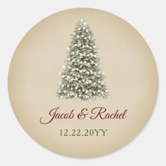 Elegant Christmas Tree Kraft Paper Wedding Classic Round Sticker (Front)