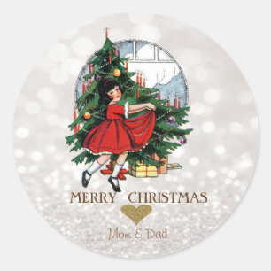 Elegant Christmas Tree Little Girl Bokeh Classic Round Sticker