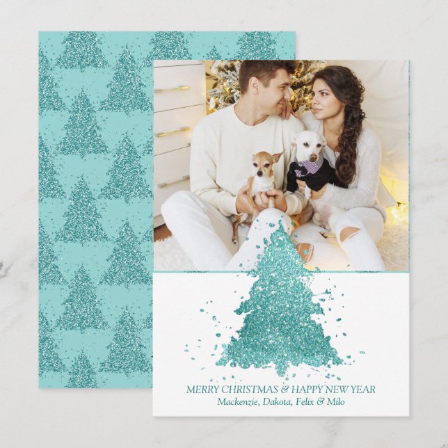 Elegant Christmas Tree | Luxe Aqua Mint Photo Holiday Card (Front/Back)
