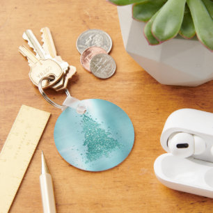 Elegant Christmas Tree   Luxe Aqua Mint Splatter Key Ring