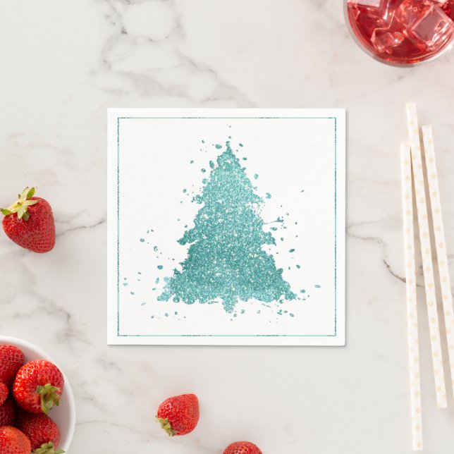 Elegant Christmas Tree | Luxe Aqua Mint Splatter Napkin (Insitu)