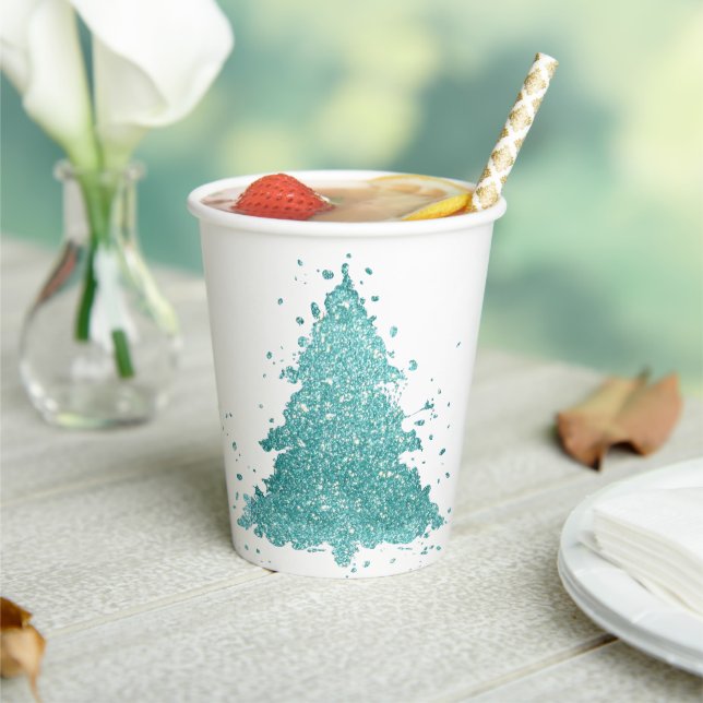 Elegant Christmas Tree | Luxe Aqua Mint Splatter Paper Cups (Insitu)