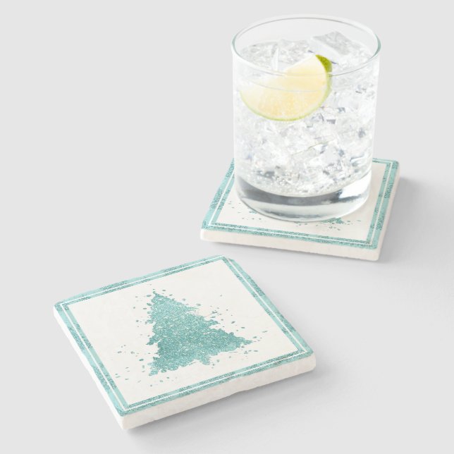 Elegant Christmas Tree | Luxe Aqua Mint Splatter Stone Coaster (Side)