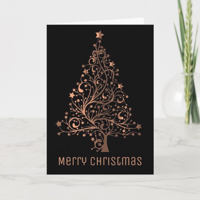 Elegant Christmas Tree Metallic Brown Copper Black Holiday Card (Front)