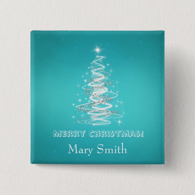 Elegant Christmas Tree Name Blue Custom 15 Cm Square Badge (Front)