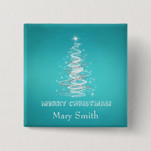 Elegant Christmas Tree Name Blue Custom 15 Cm Square Badge